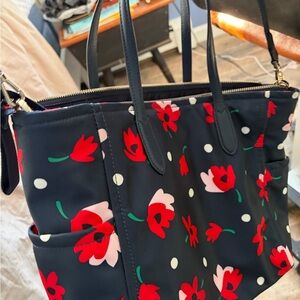 Kate Spade Navy Tote with Red and Pink Floral Design